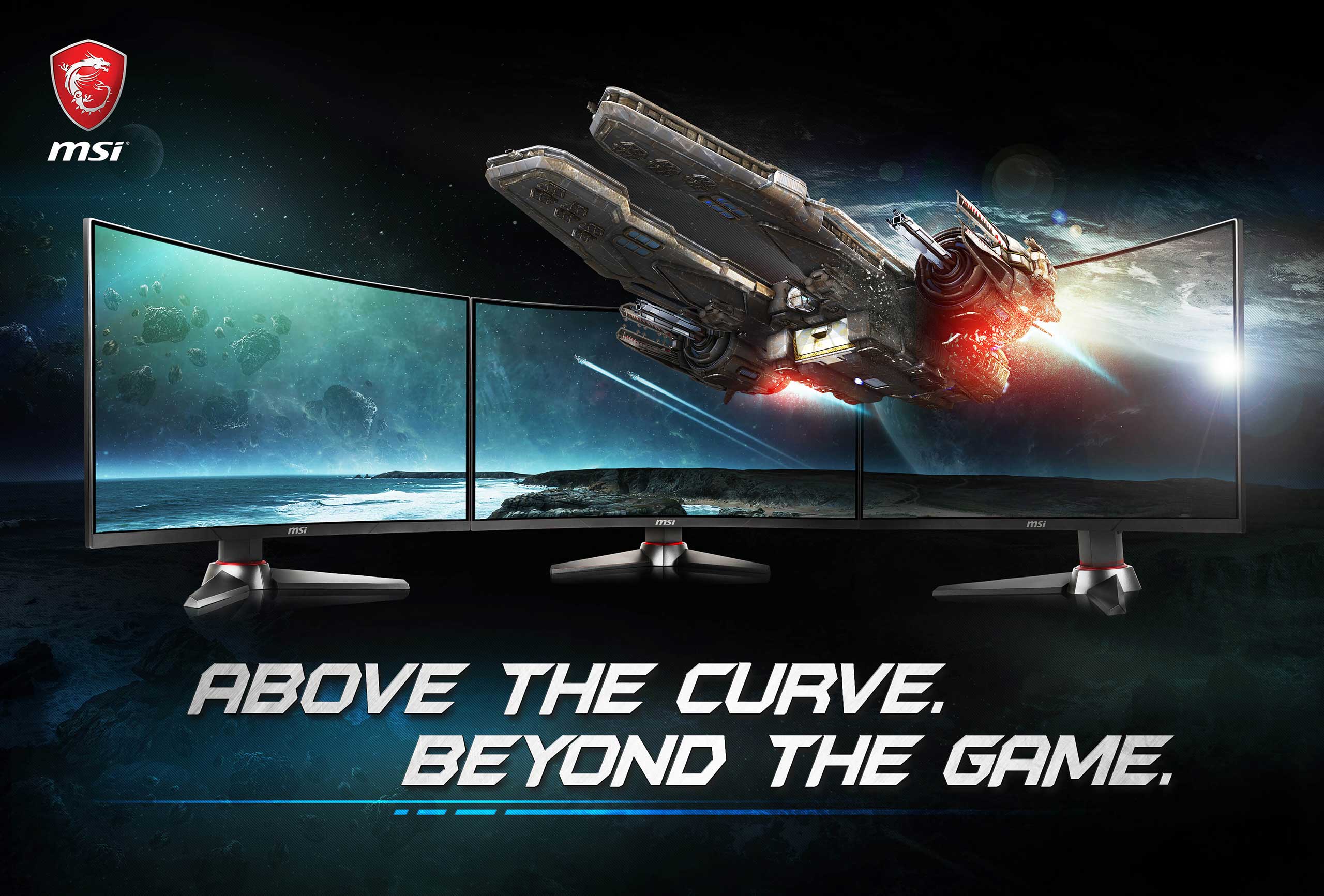 a spaceship image crossing three monitors as screen