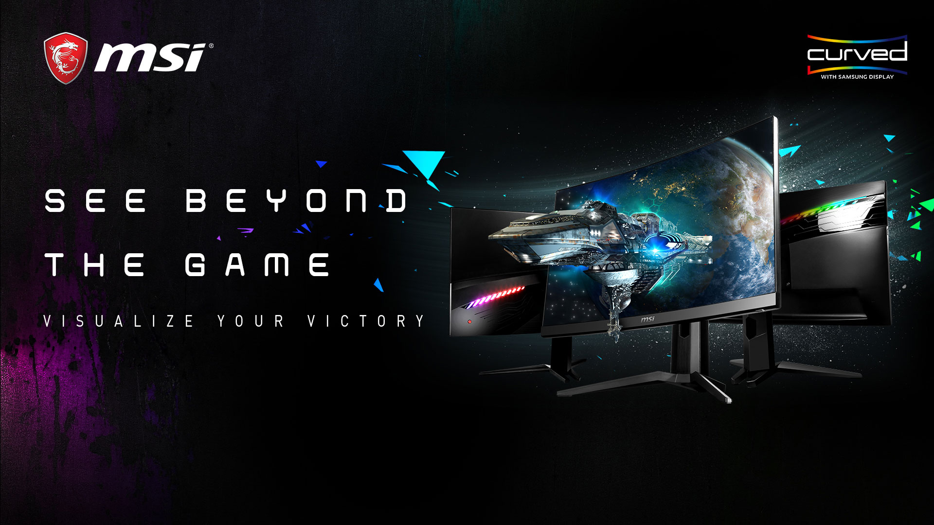 three msi monitor with a spaceship as screen in a black background