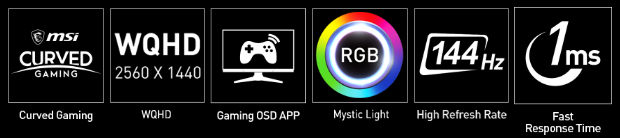 curved icon, WQHD icon, 144hz icon, 1ms icon, gaming OSD app icon, Mystic Light icon