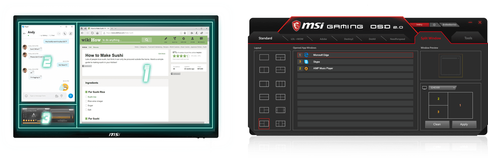a screenshot of split into three windows and gaming OSD2.0