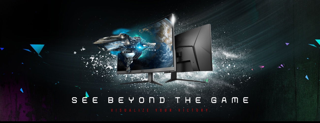 three monitor with a spaceship as screen in a black background
