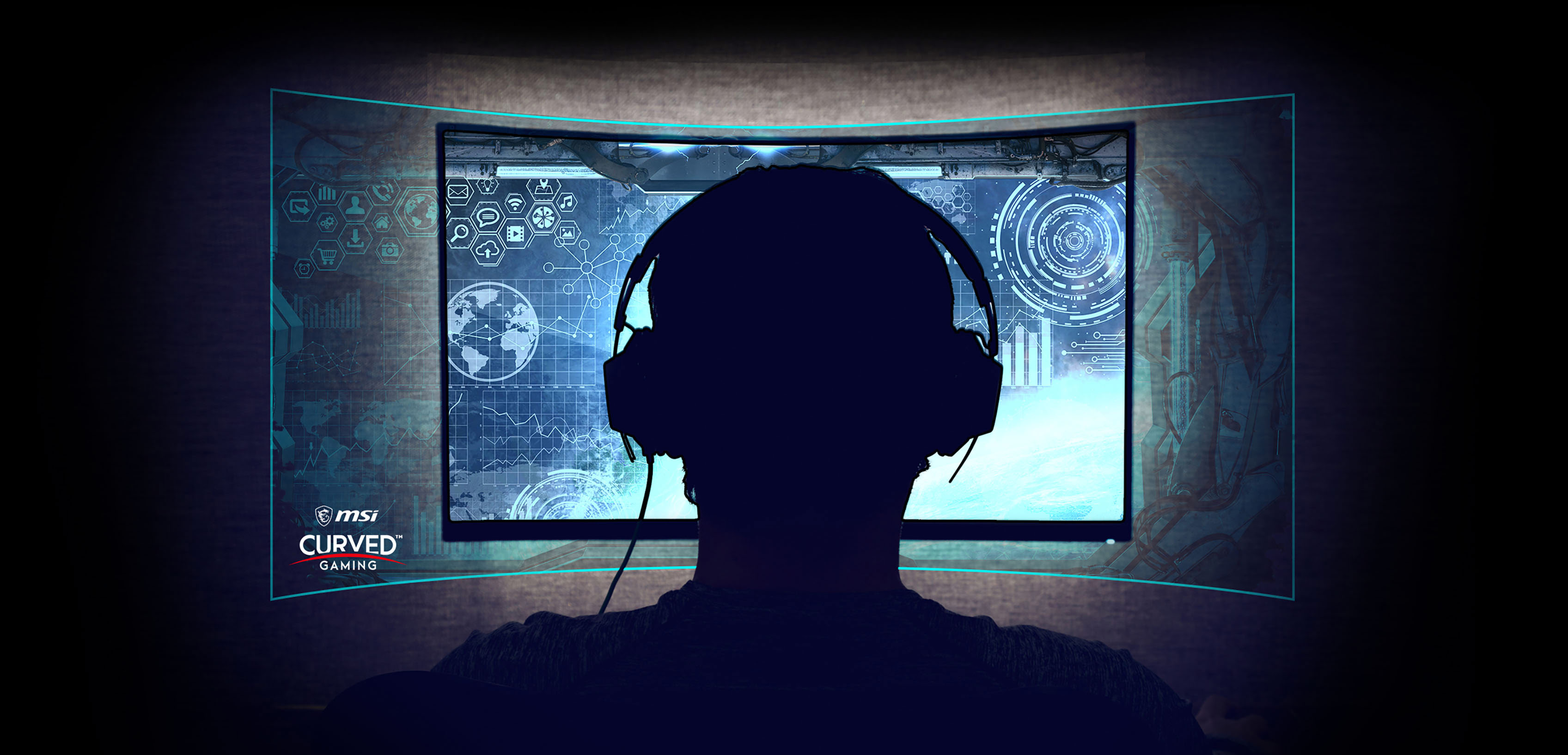 a man is in front of the monitor, showing the effect of curved