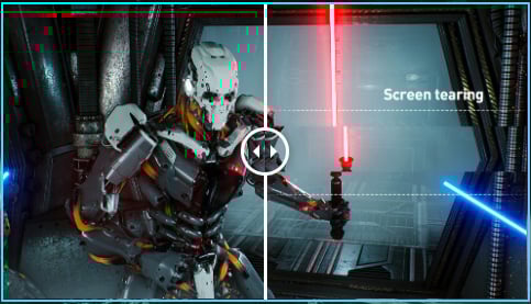 one image splited into two, showing different effect between with freesync and without