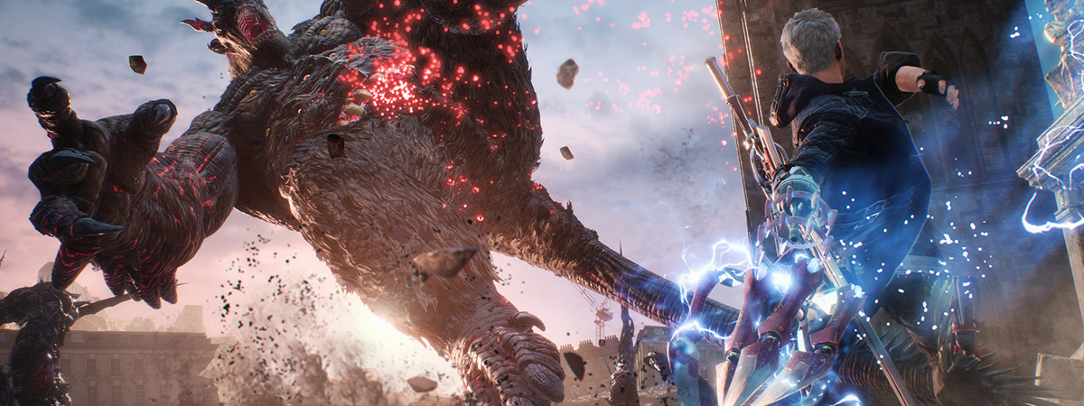 Nero fighting a giant demon outdoors
