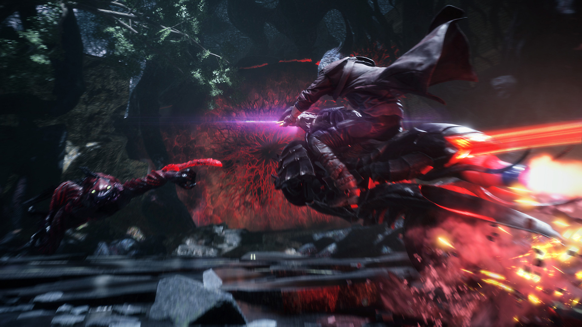Dante riding his devil bike toward a demon creature