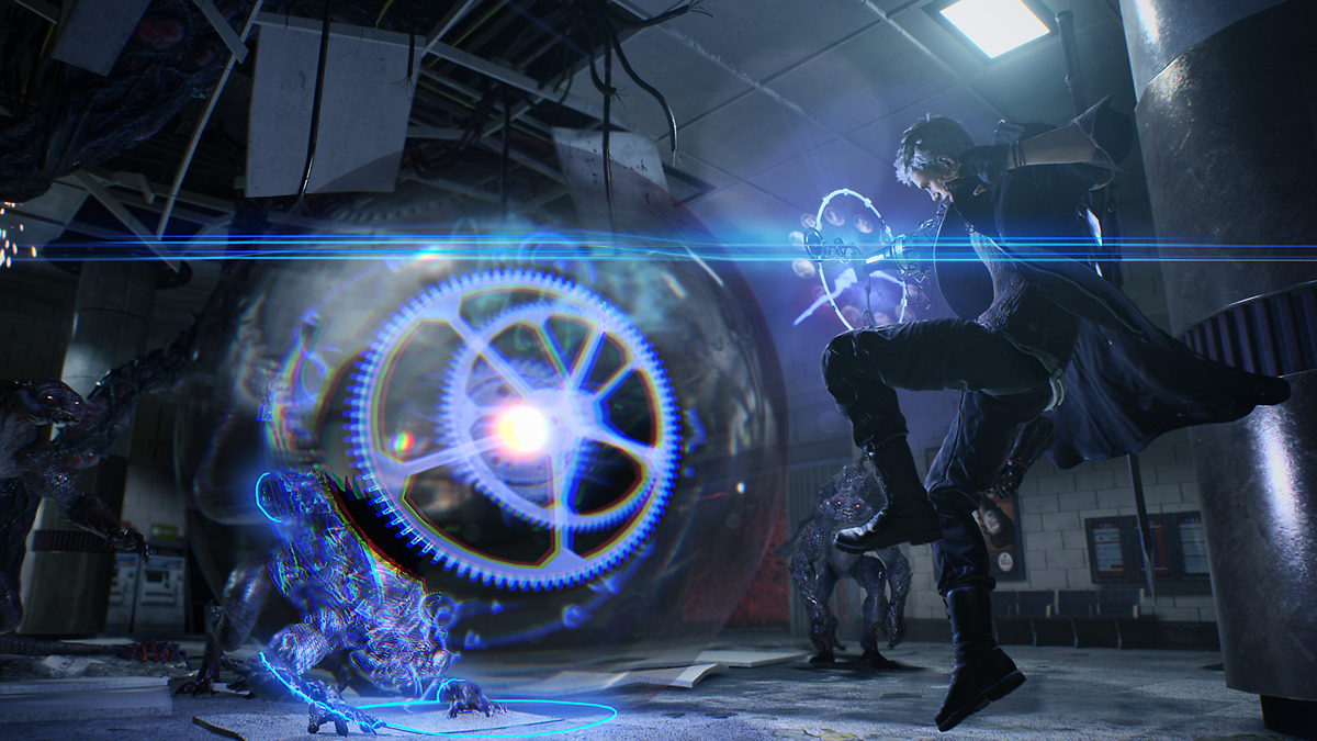 Nero using his arm's devil breaker gear-like magic to attack a demon