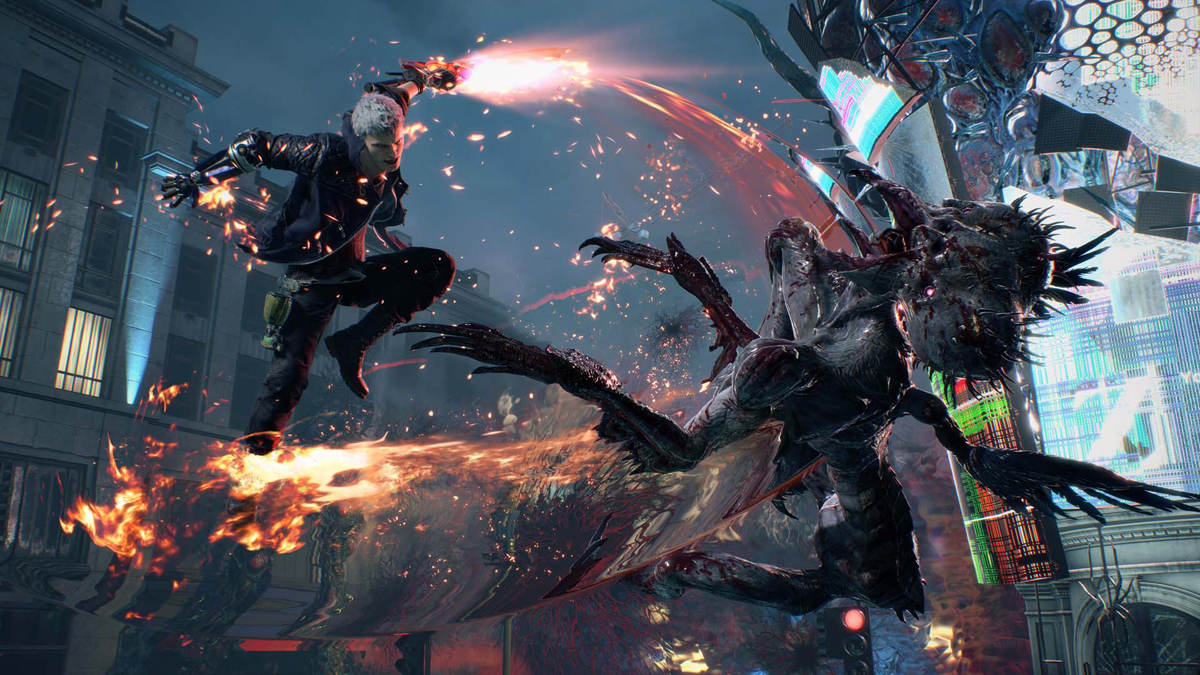 Nero slashing through a demon in air
