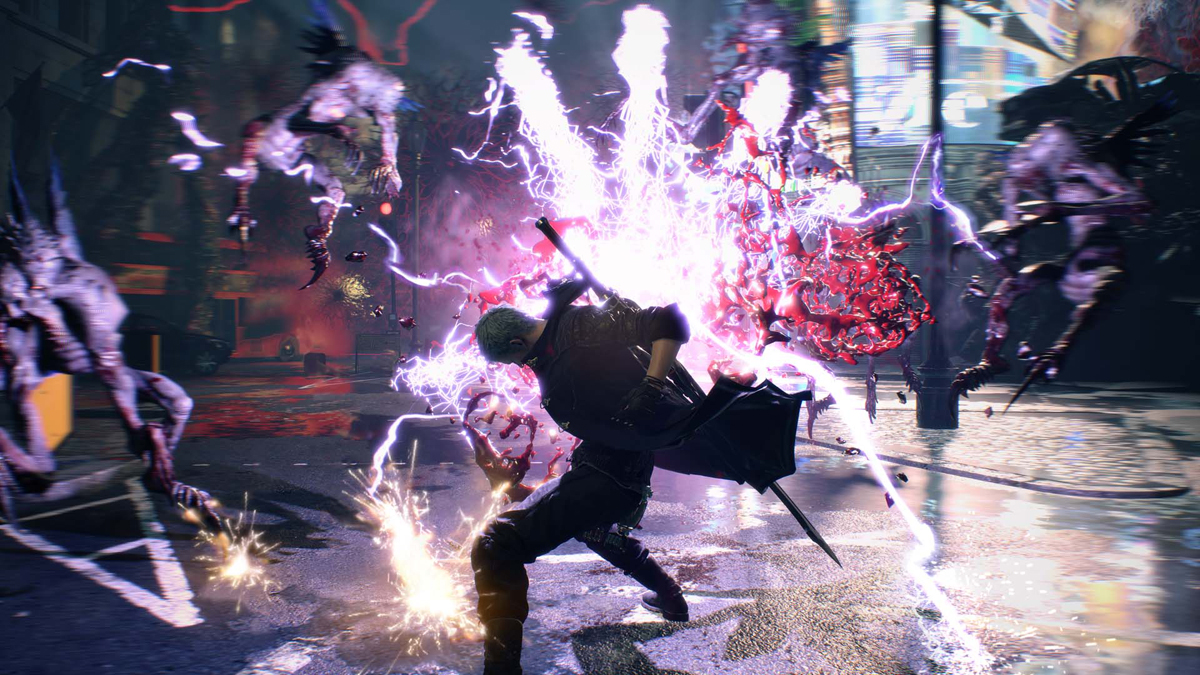 Nero producing a huge electric attack killing multiple demons around him