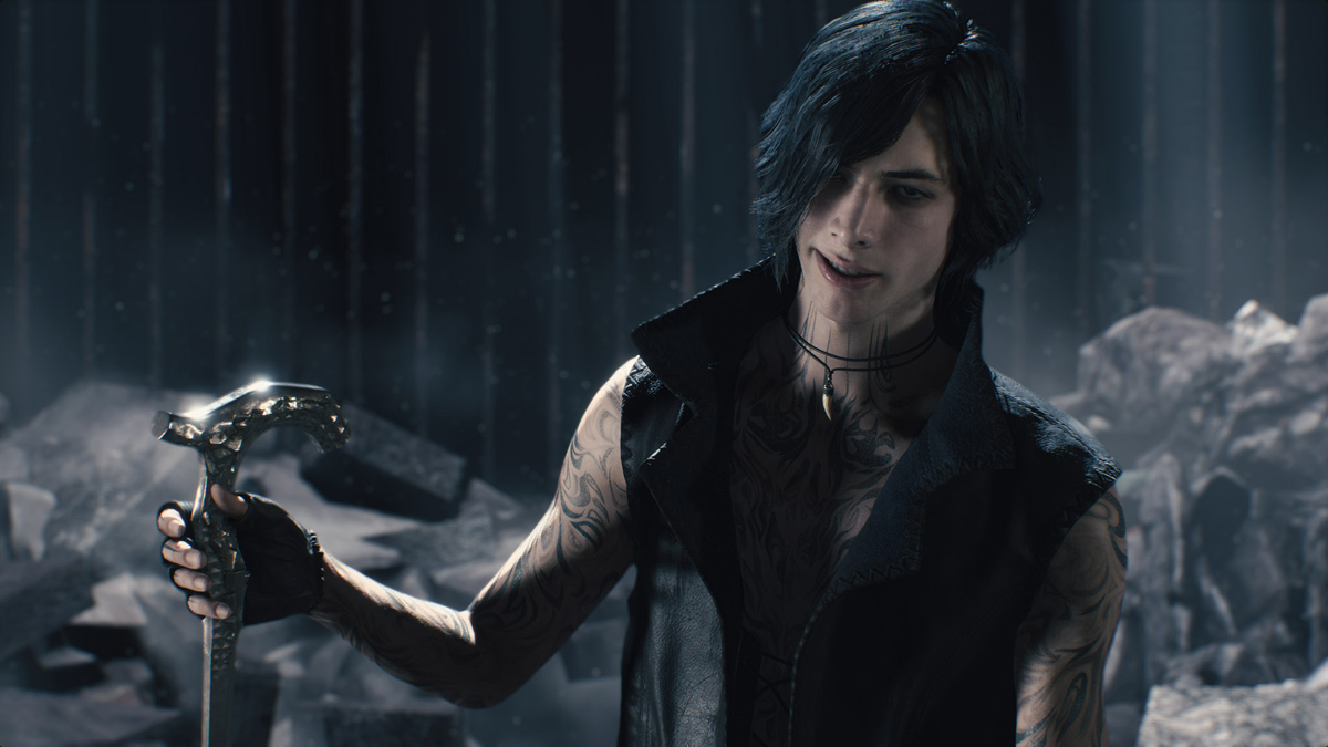 V holding the hilt of his sword, talking to someone during a cutscene