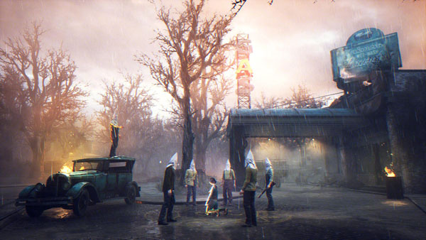 The Sinking City Screenshot Showing White-Hooded Group of People Surrounding a Woman on Her Knees Outside and Old Building