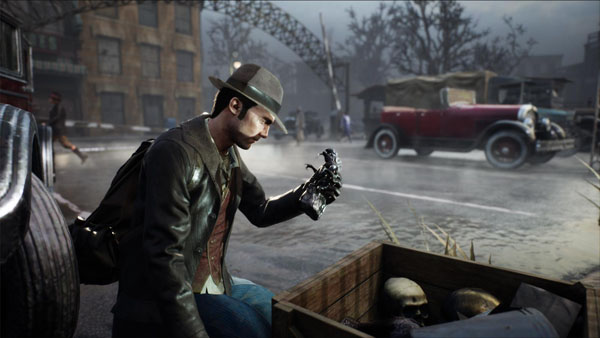 The Sinking City Screenshot Showing a Man Looking Through a Crate Outside