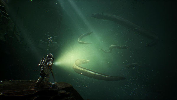The Sinking City Screenshot Showing Underwater Exploration and Oversized Eels