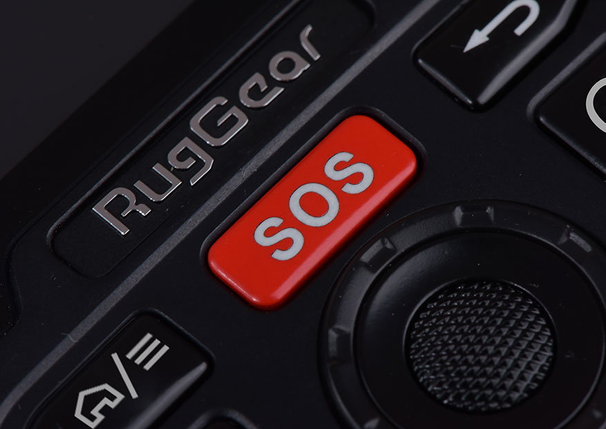 Closeup of the SOS button on the RugGear RG310 Phone
