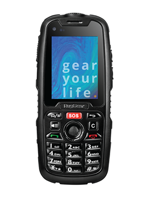 RugGear RG310 Phone facing forward with a blue-swirl graphic background and text that reads: gear your life.