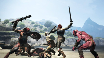 A melee battle between the main characters and red orcs