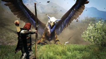 The main character about to fire his bow at an incoming Roc (giant winged beast)