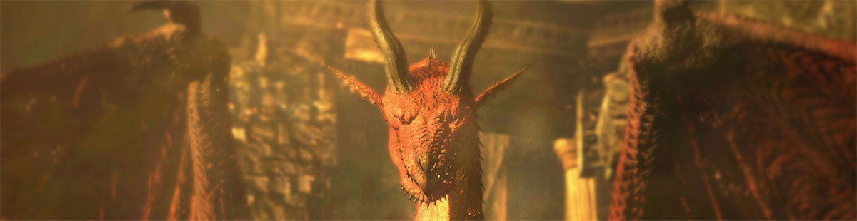 A red dragon with black horns looking forward, with wings spread open