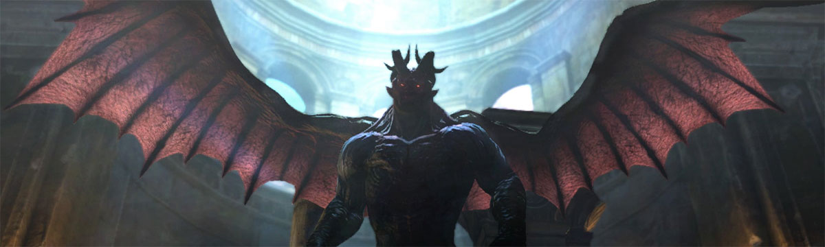 A muscular demon humanoid with curled horns, red eyes and open wings looking forward