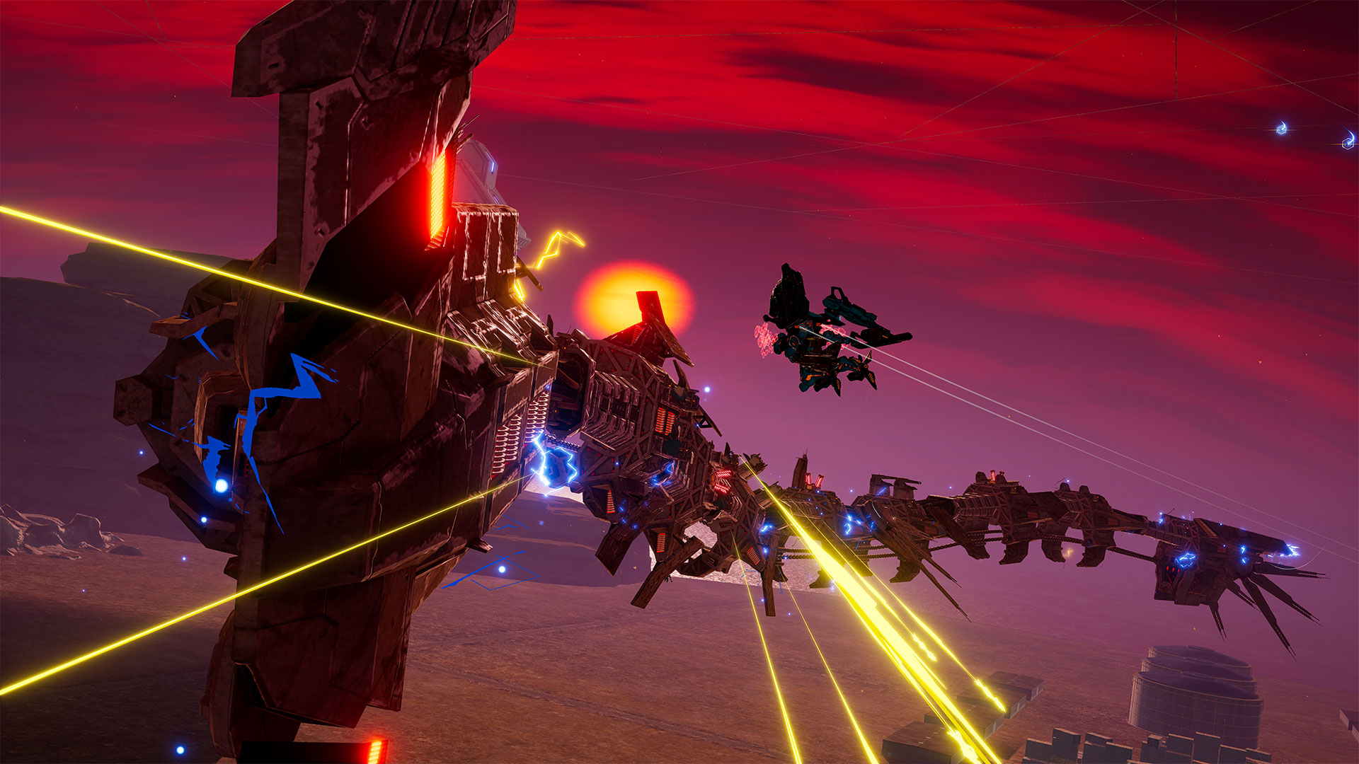 A player mech flying next to a large and long snake-like dragon mech flying through the sky