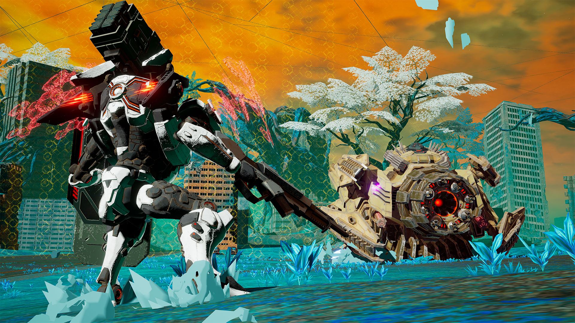 A white and black player mech landing in front of a technological device in a surreal blue-covered city landscape under a dome covered sky