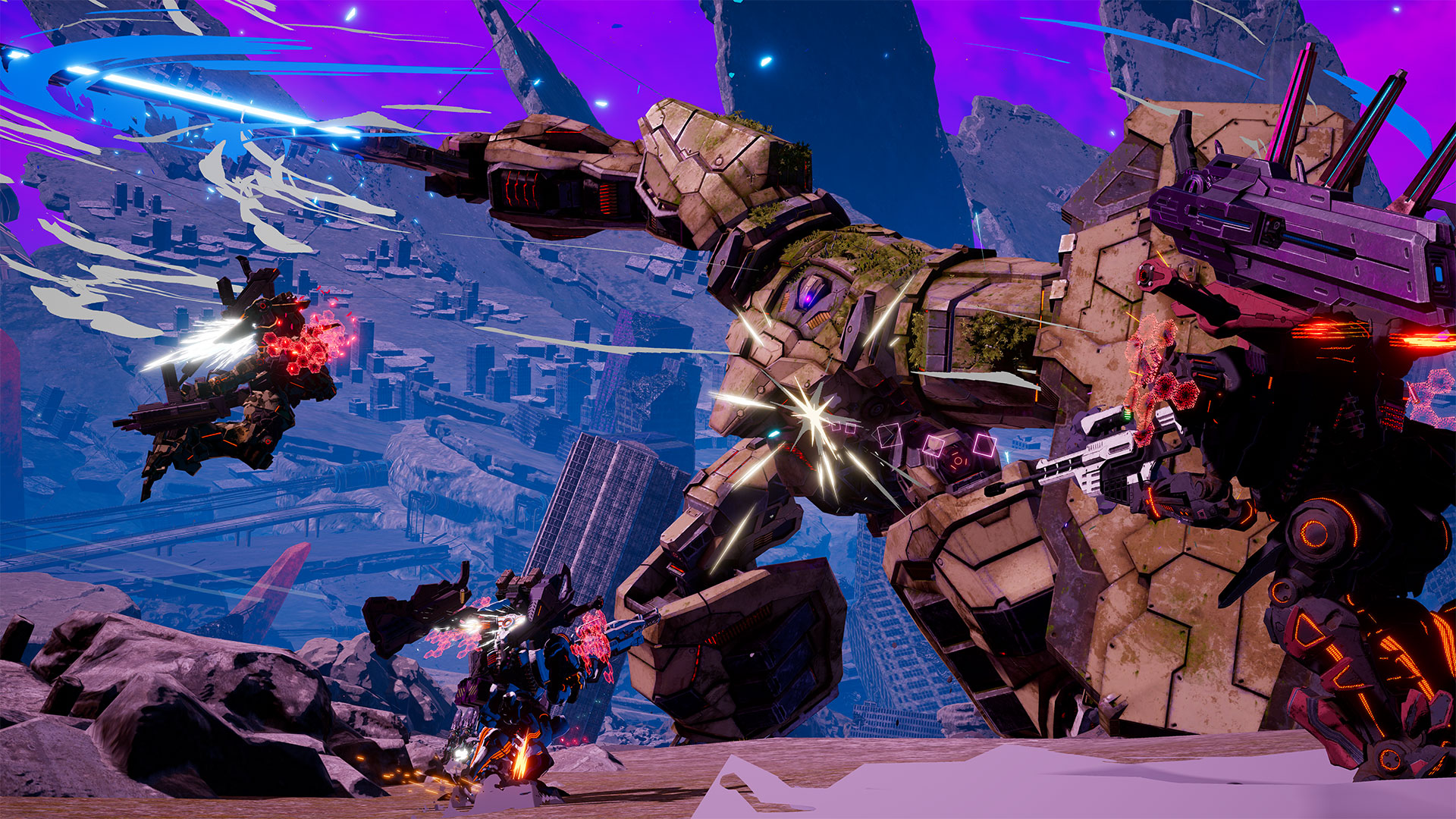 Three player mechs fighting a much larger mech covered with some greenery