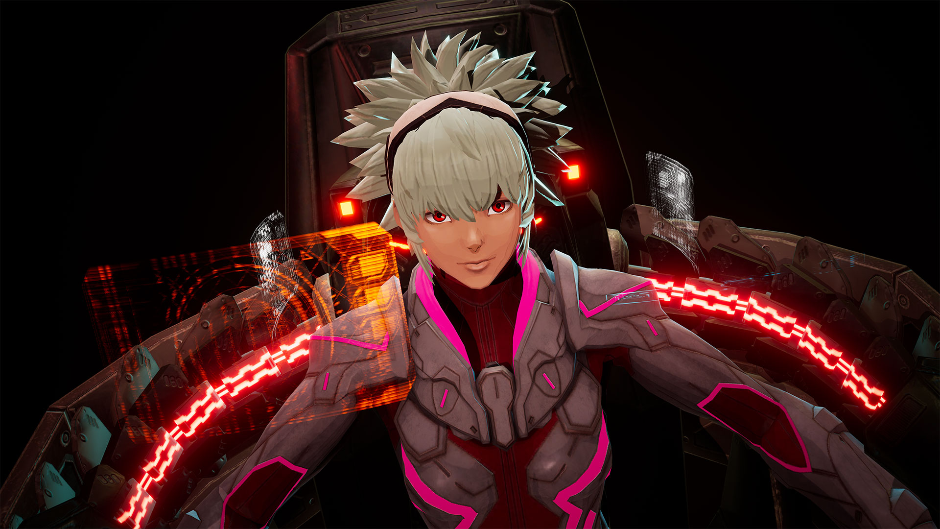 A female character inside her mech