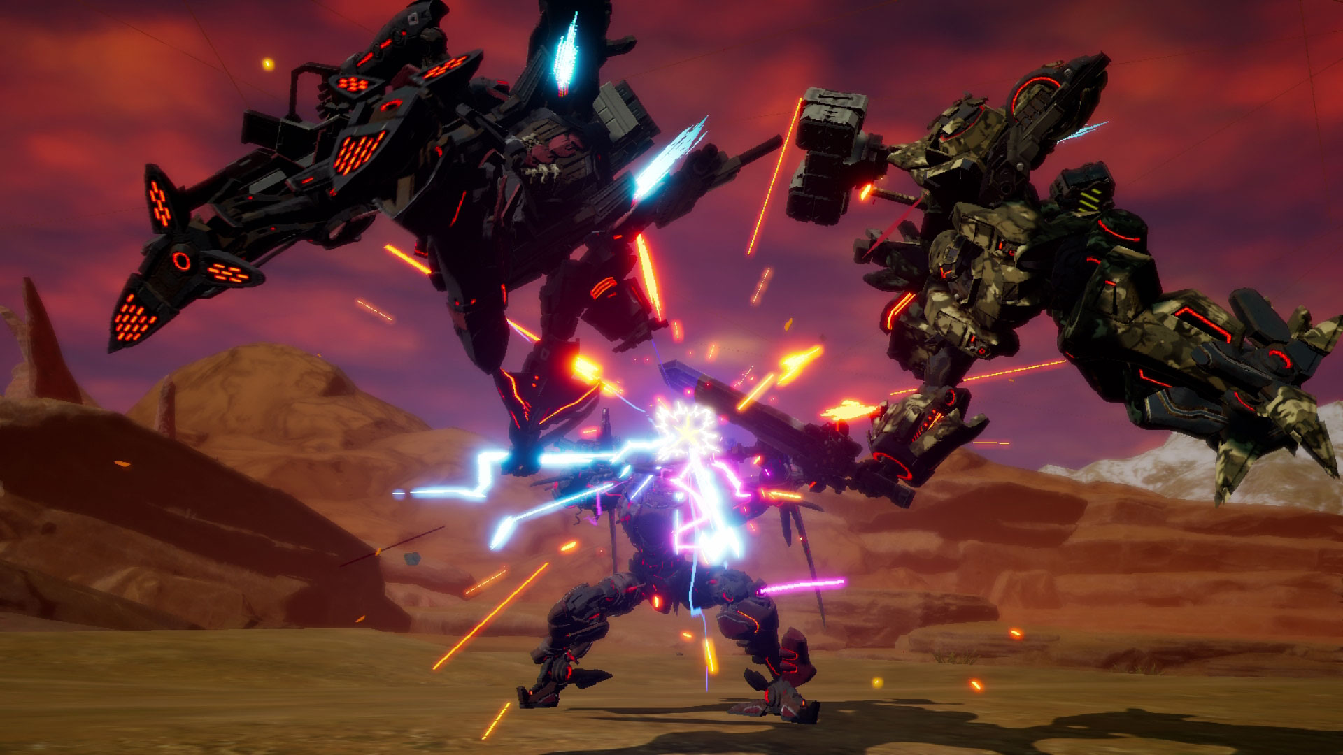 Two large enemy mechs attacking and striking a single player character's mech