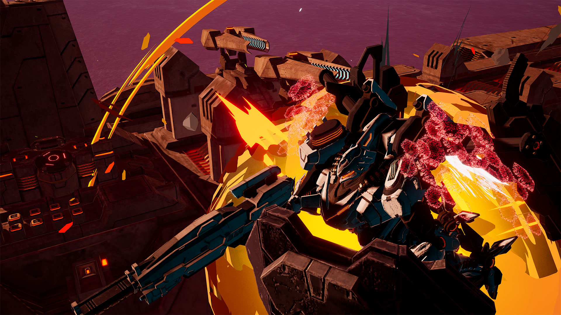 A player character's mech flying over an industrial zone