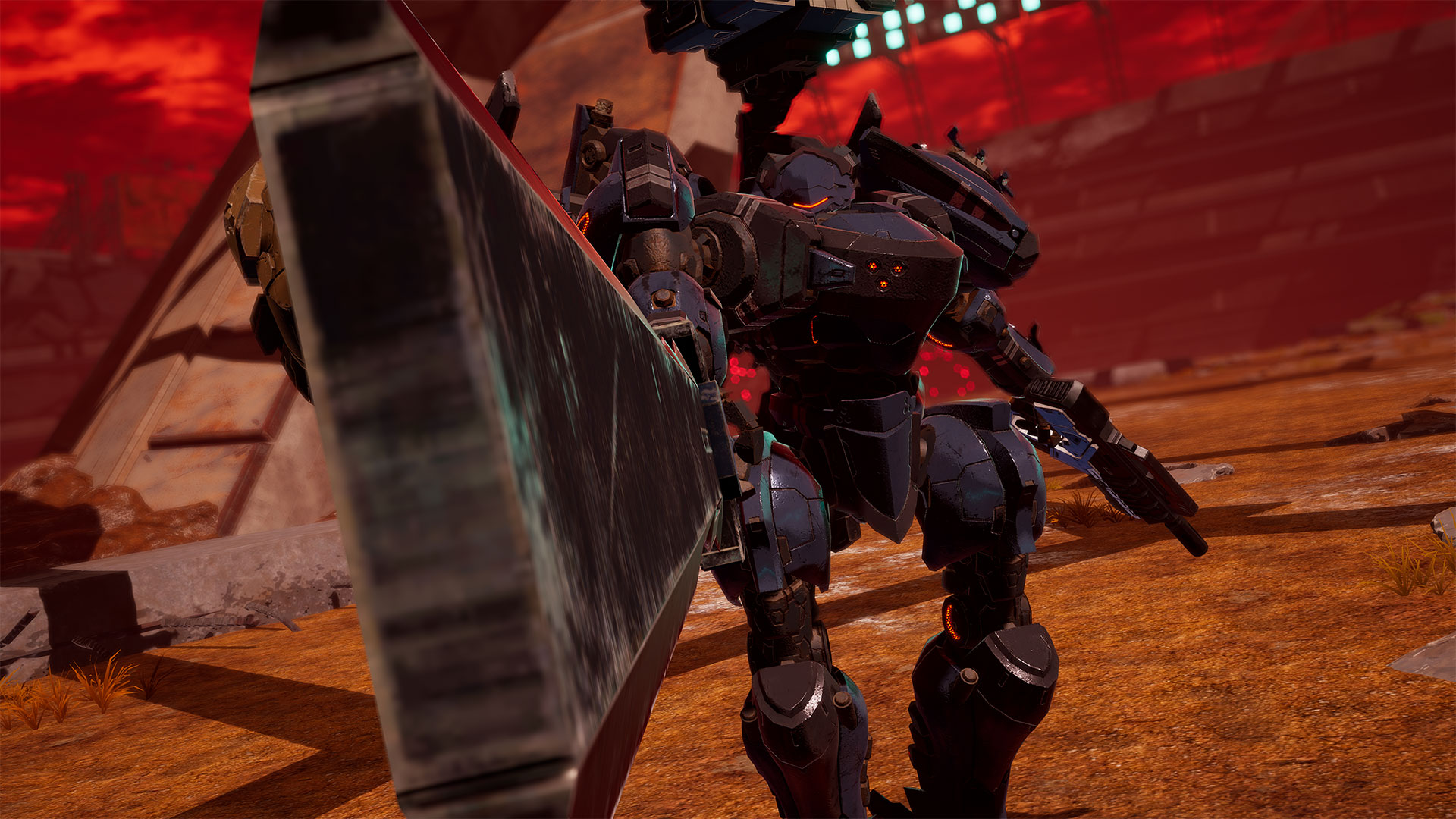 A mech wielding and pointing a large mech sword towards the viewer