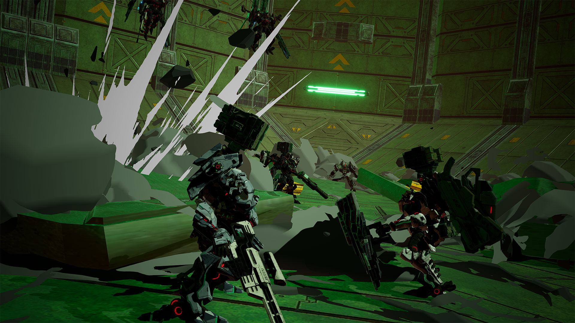 Multiple mechs inside a green base of operations