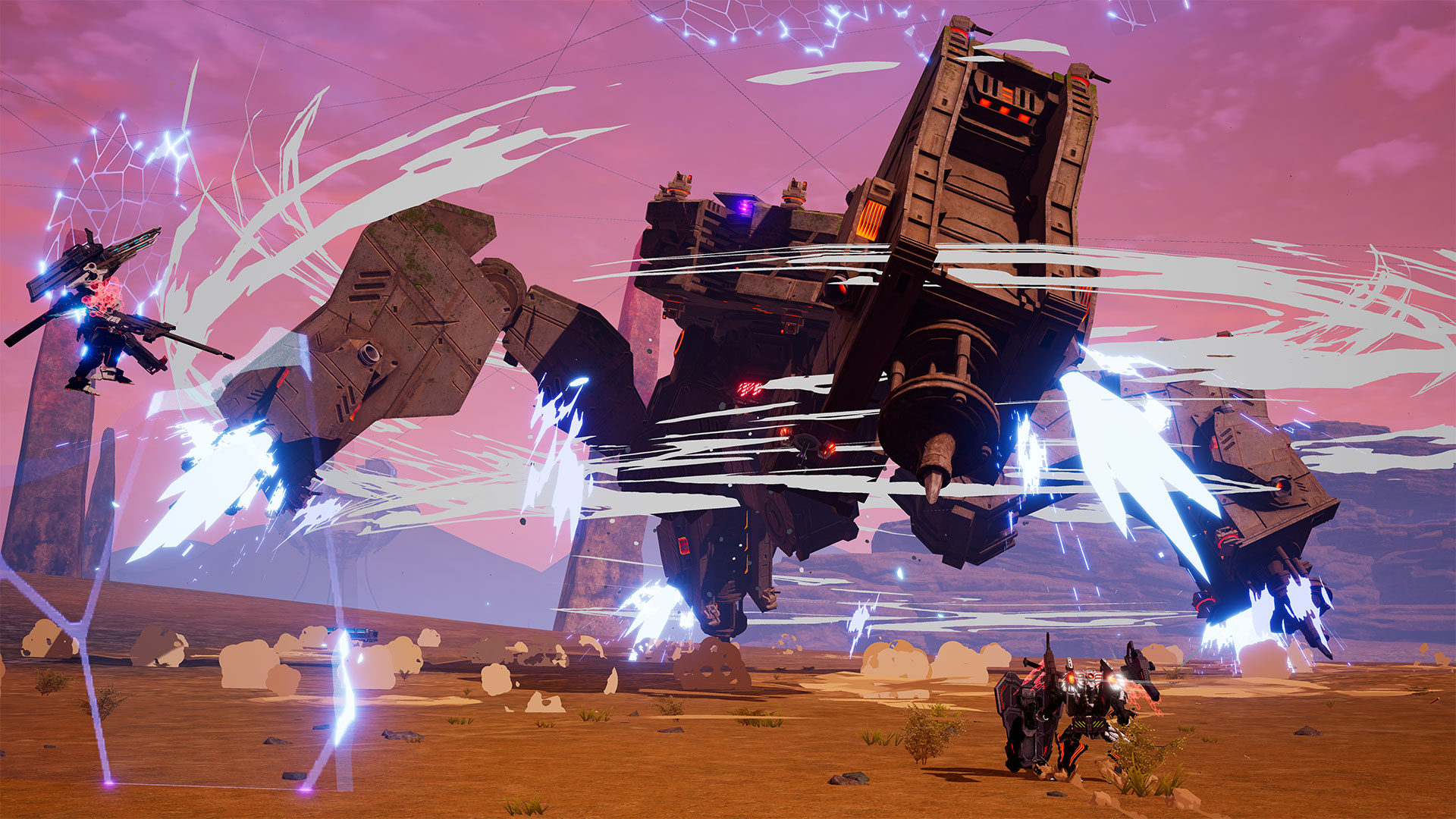 Multiple player mechs fighting a gigantic spider-like mech outside