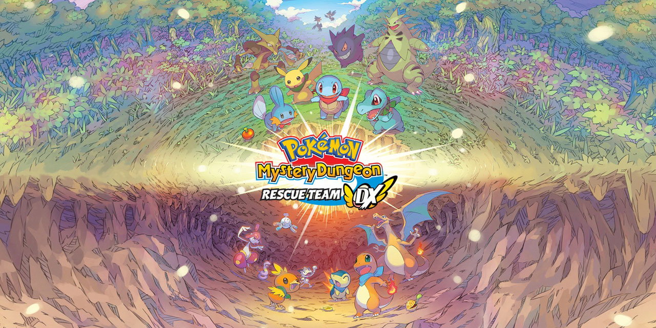 The upper half are a group of pokemons gathering around a large hole on the ground in the forest. The lower half are a group of pokemon in a dungeon, looking upward to the sky. In the middle is stylized texts reading as “Pokemon Mystery Dungeon Rescue Team DX”