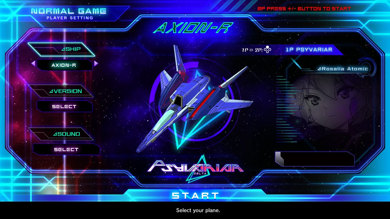 Psyvariar Delta Title Ship Selection Screen Showing the Axion-R