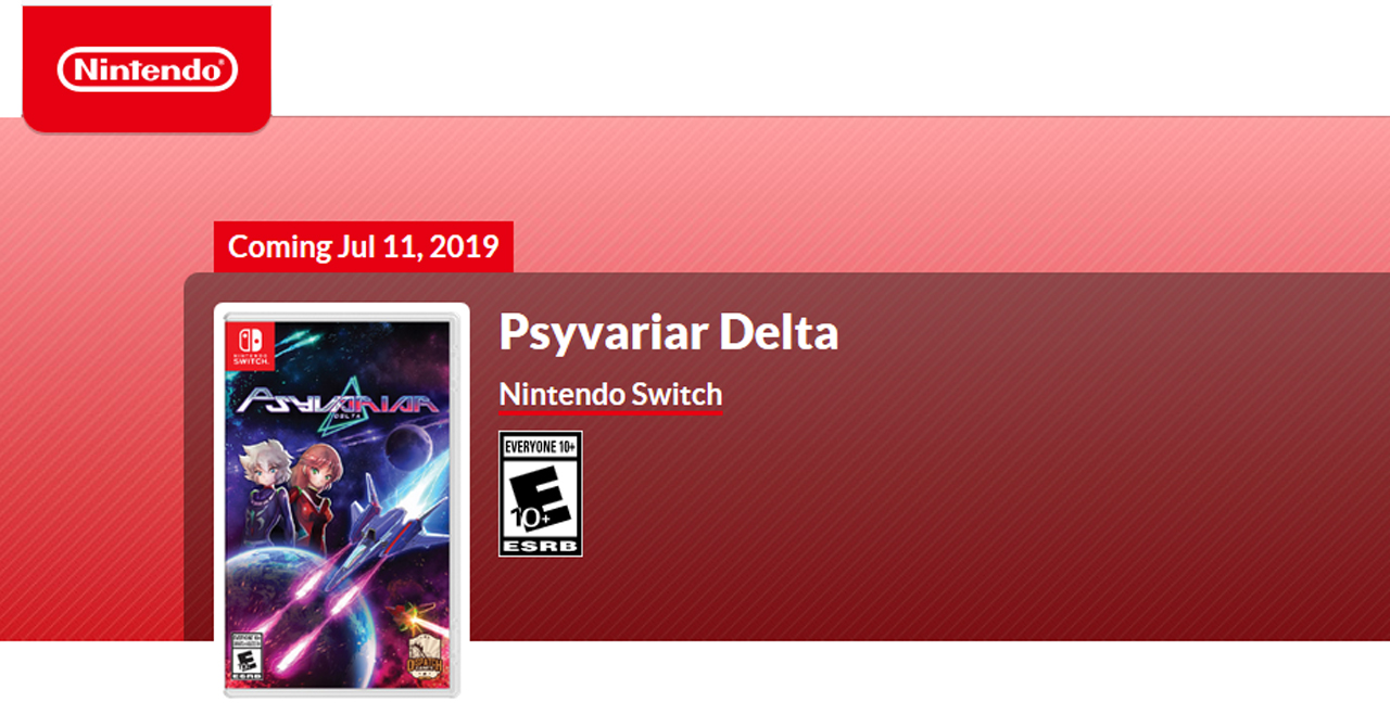 Nintendo Psyvariar Delta Product Page with the Game's Box Art, the E 10+ ESRB Rating and text that reads: Coming July 11, 2019