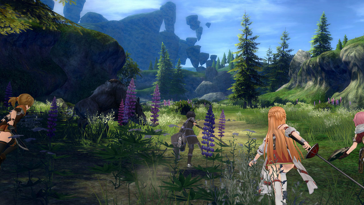 Sword Art Online Characters with Swords Drawn Going Forward in a Grassy, Rocky Area