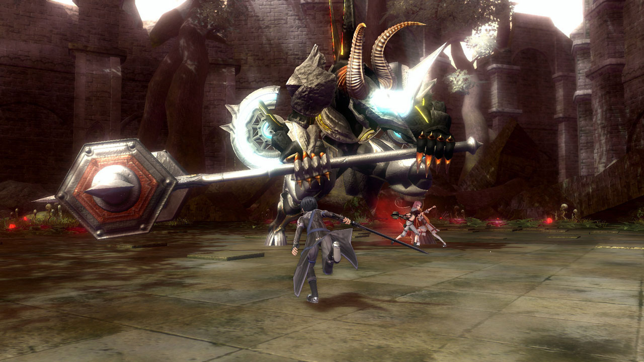 Sword Art Online: Hollow Realization Combat with a Large Horned Humanoid Beast with a Massive Spiked Mace