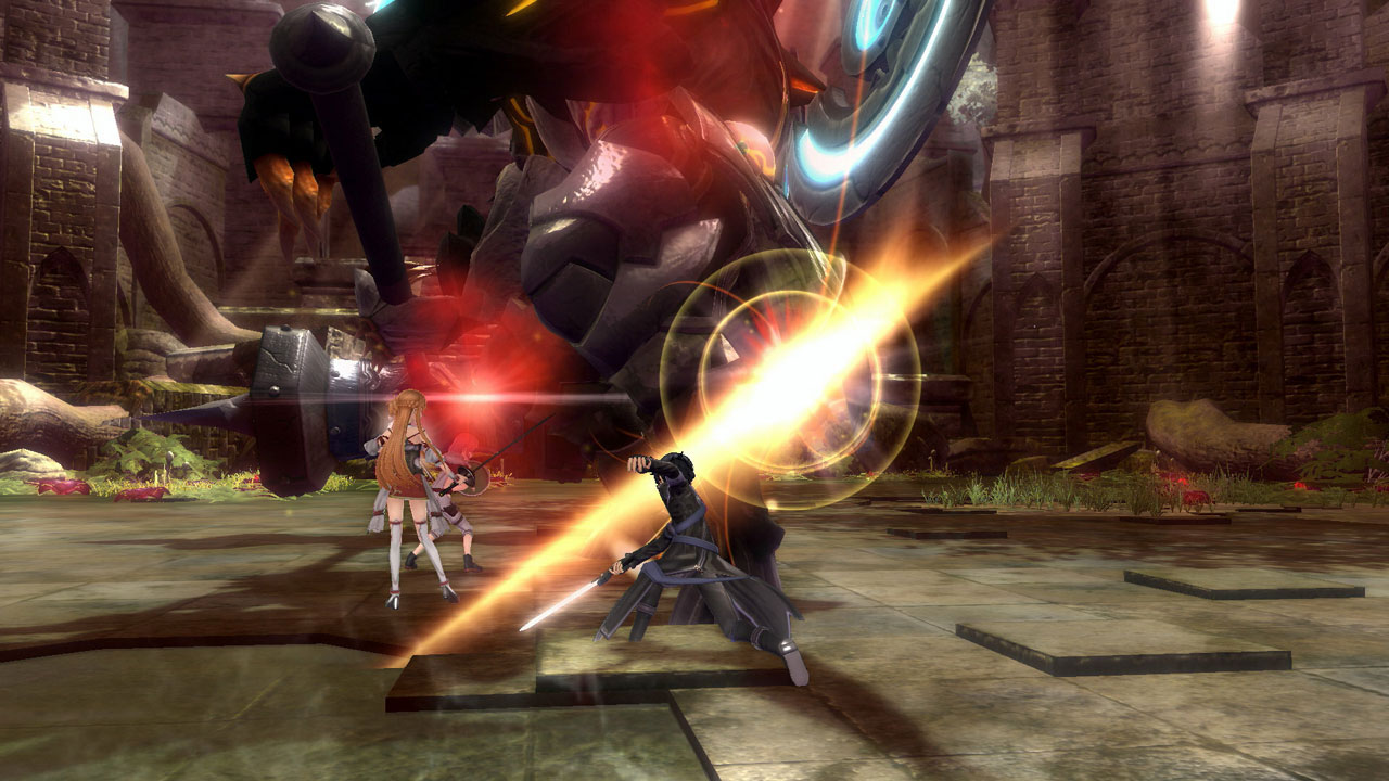 Kirito Slashing a Large Enemey in a Ruined Temple Setting