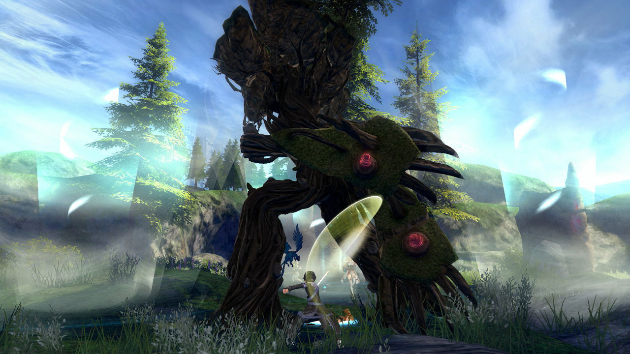 Kirito Slashing at a Large Wooden Elemental Outside
