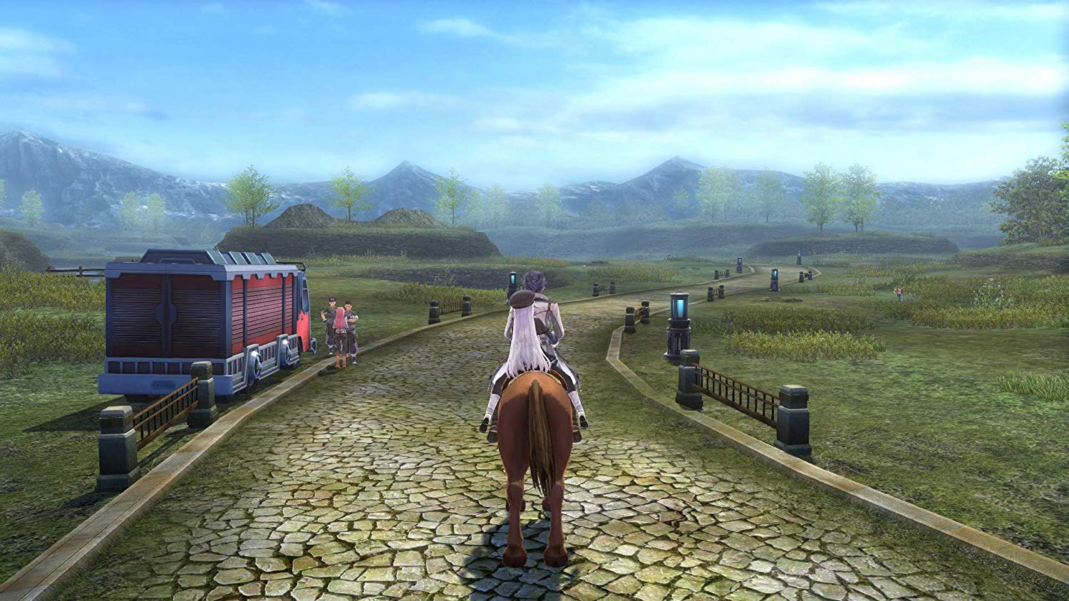A main character on horseback on a cobblestone road around hills and greenery