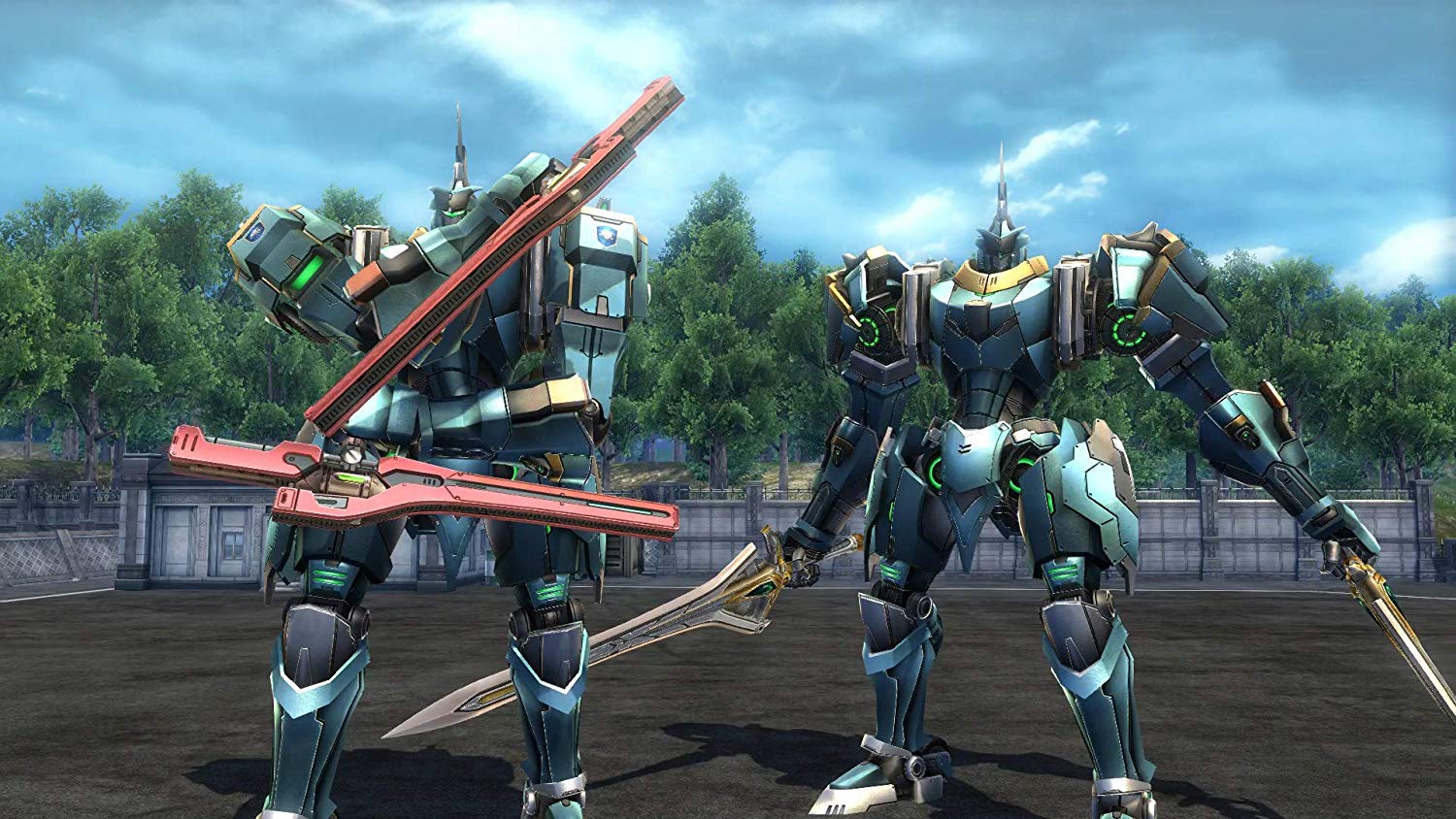 Mech soldiers with swords and security weapons outdoors