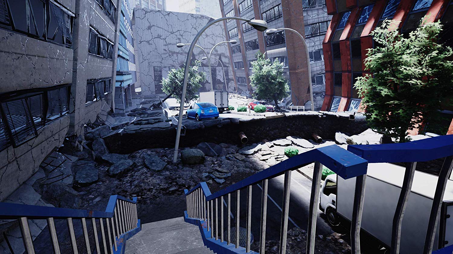 Disaster Report 4 Screenshot Showing a 1st person perspective of a torn apart city street