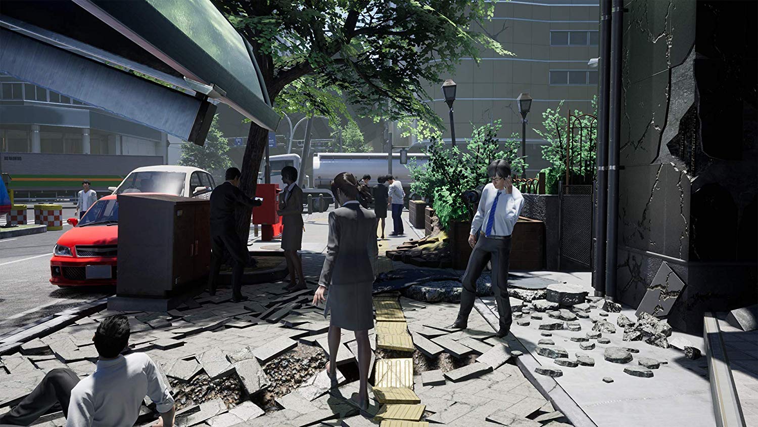 Disaster Report 4 Screenshot showing office workers outside a tattered torn apart city street that has suffered earthquake damage
