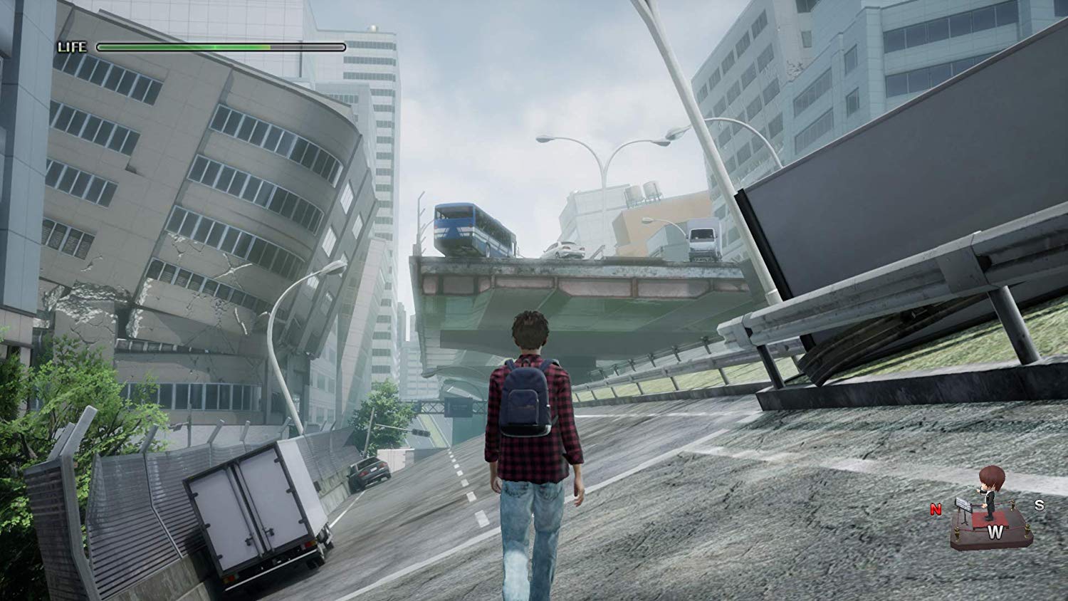 Disaster Report 4 Screenshot showing the main character walking through a tilted highway that has suffered major earthquake damage