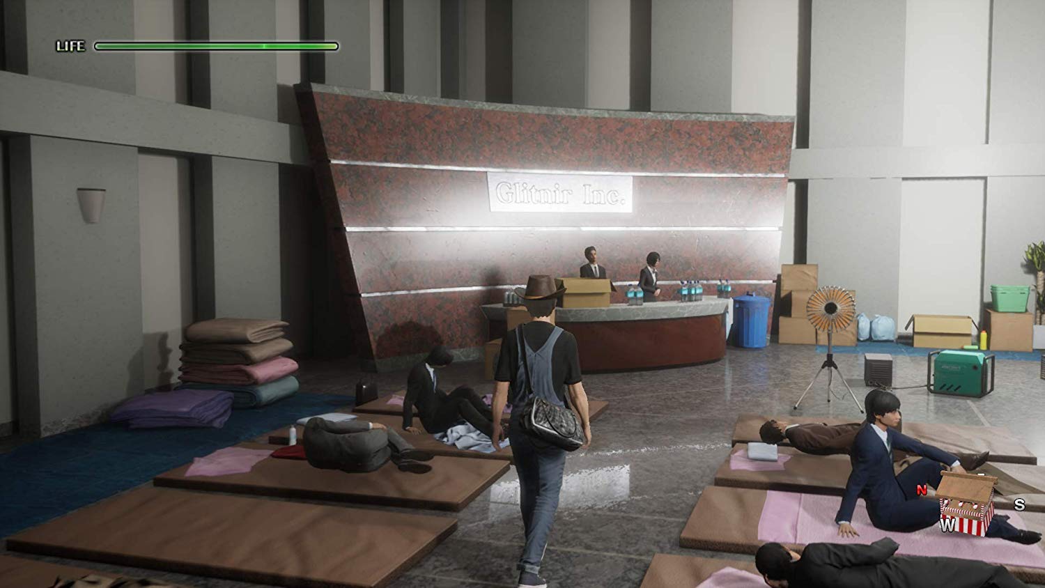 Disaster Report 4 Screenshot showing the main character entering a shelter inside a former office