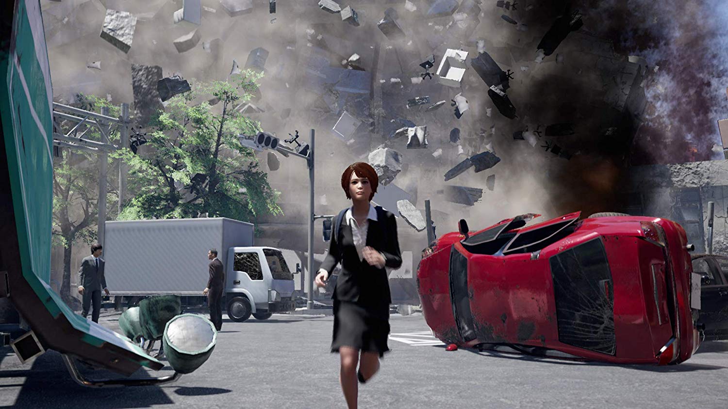 Disaster Report 4 Screenshot Showing a Female Office Worker Running Towards the Viewer Amidst a Tornado disaster with rubble flying and cars flipped over behind her