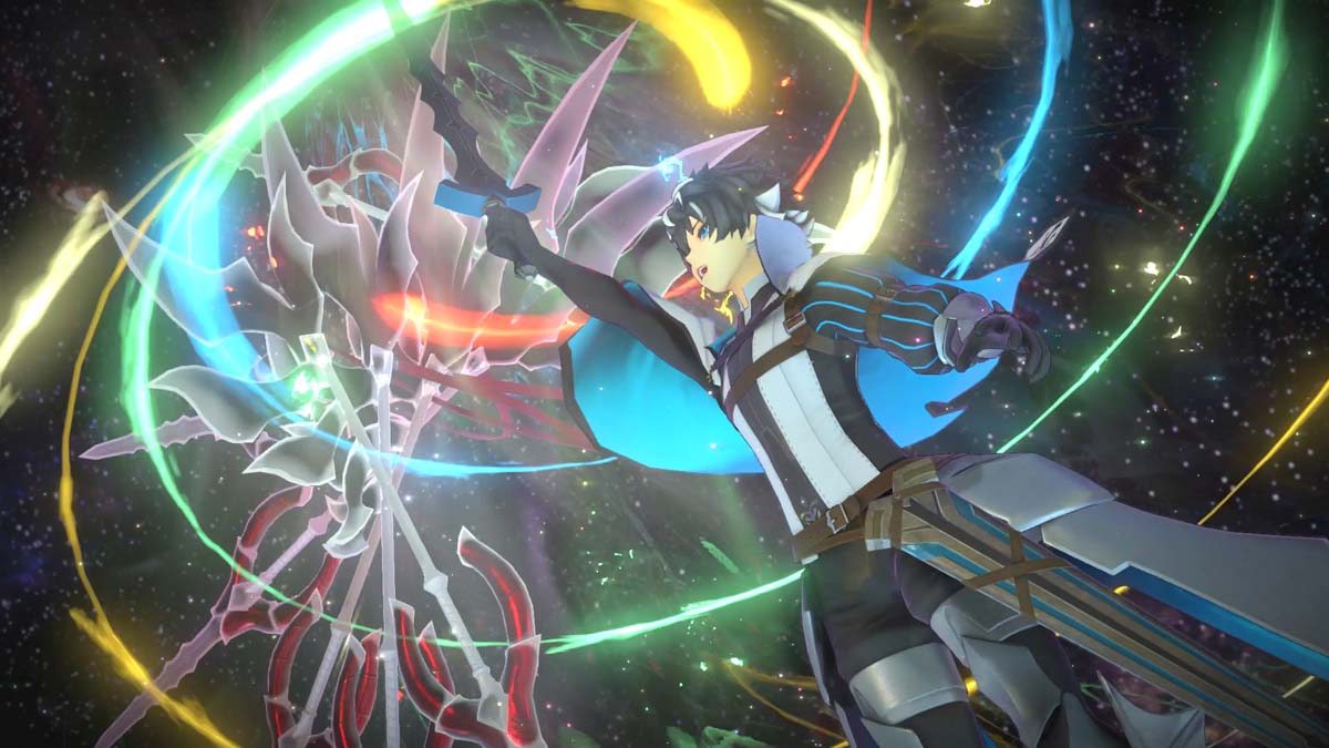 A main character with blue, black and white attire as he raises his black sword summoning a spell