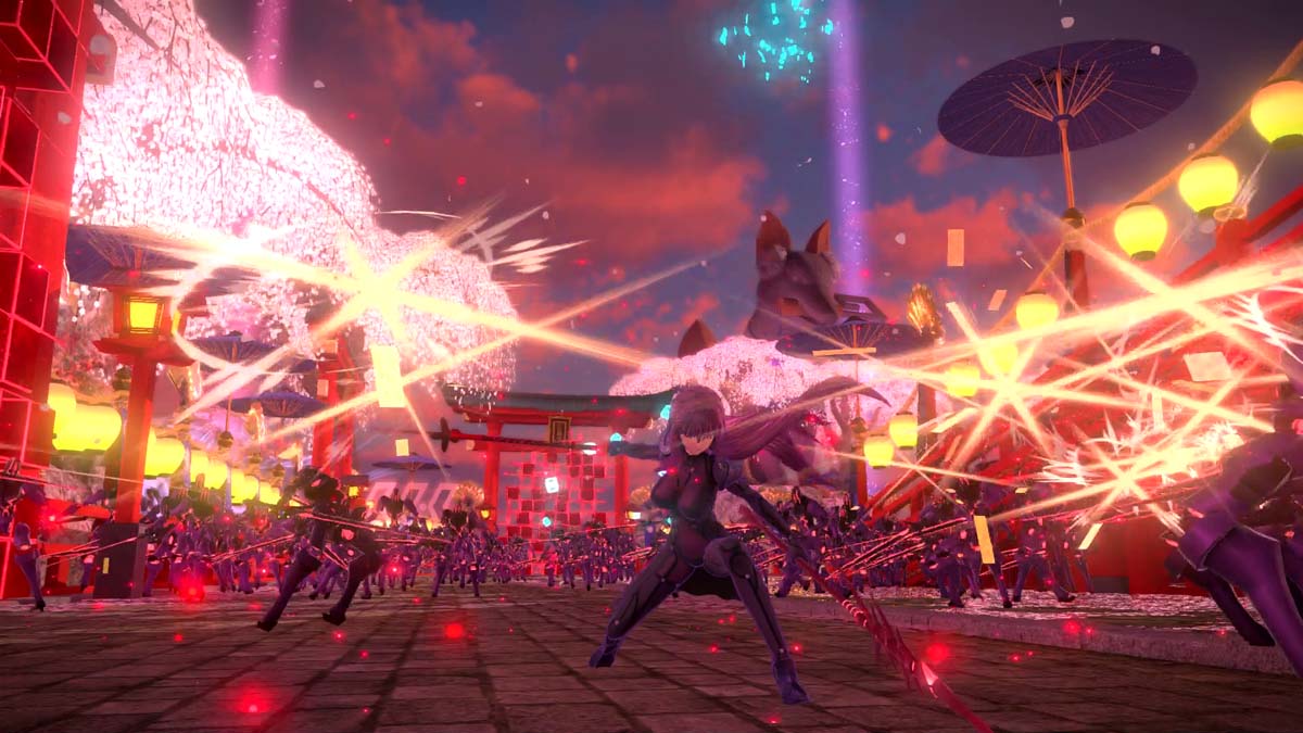 Outdoors a character fights an army of black-robot enemies