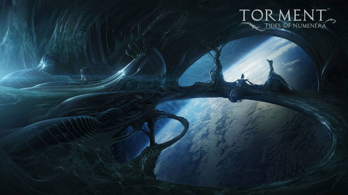 TORMENT TIDES OF NUMENERA artwork showing an organic spaceship overlooking an Earth-like planet