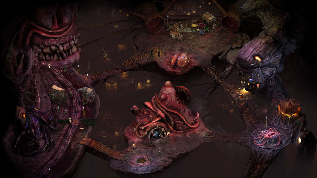 overhead shot of an alien-organic city