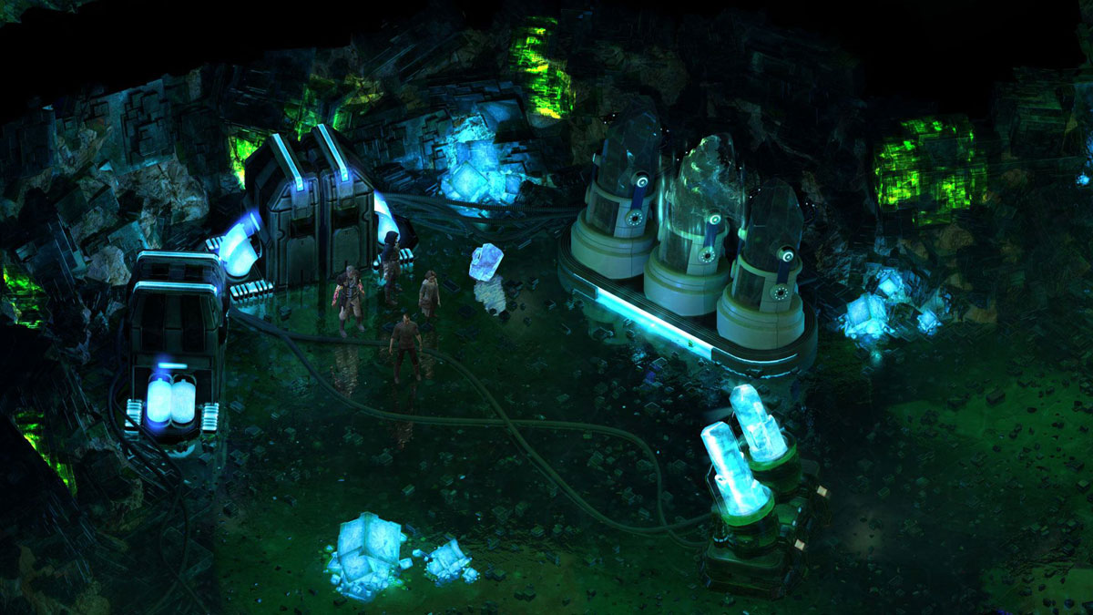 isometric view of characters talking in an outdoor laboratory